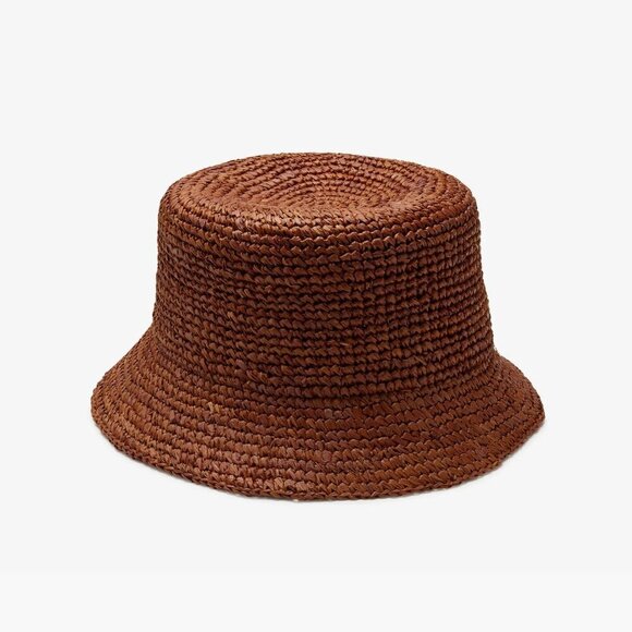 New Wyeth Aden Hand Crocheted 100% Raffia Straw Chocolate Bucket Hat O/S NWT - Picture 1 of 10